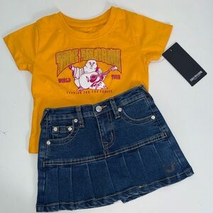 True Religion Yellow Graphic Tee with Dark Blue Denim Skirt Sz 3T NWT
